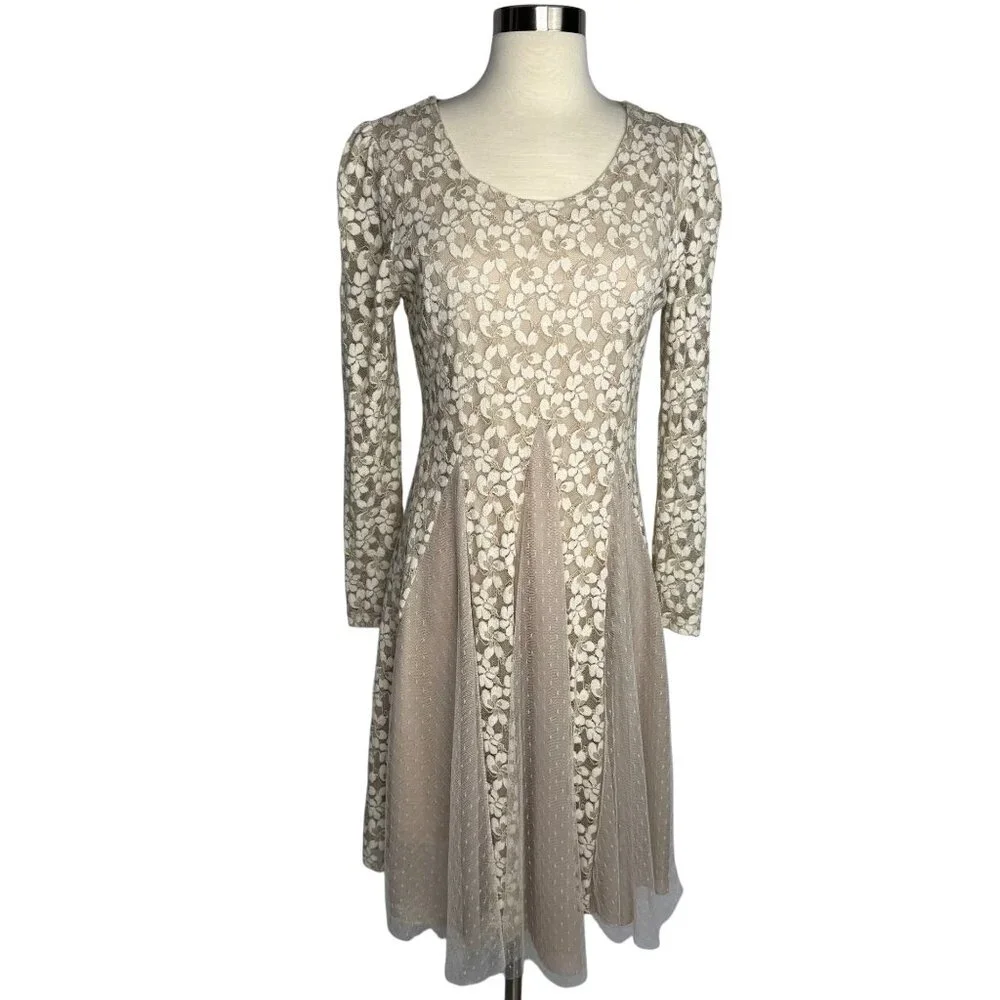 AReve Beige Floral Lace Tulle Dress Edwardian Cottagecore‎ Bohemian Whimsy Sz M
